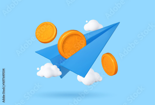 3D paper airplane with coins and clouds. Minimal cartoon smooth style. Business finance and investment concept illustration.