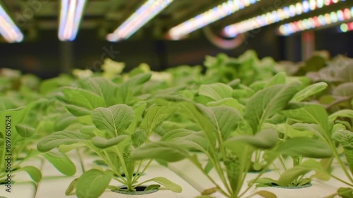 Growth in Hydroponic Farming: Close-Up View of Healthy Green Plants Under LED Lights in an Indoor Agriculture Setup