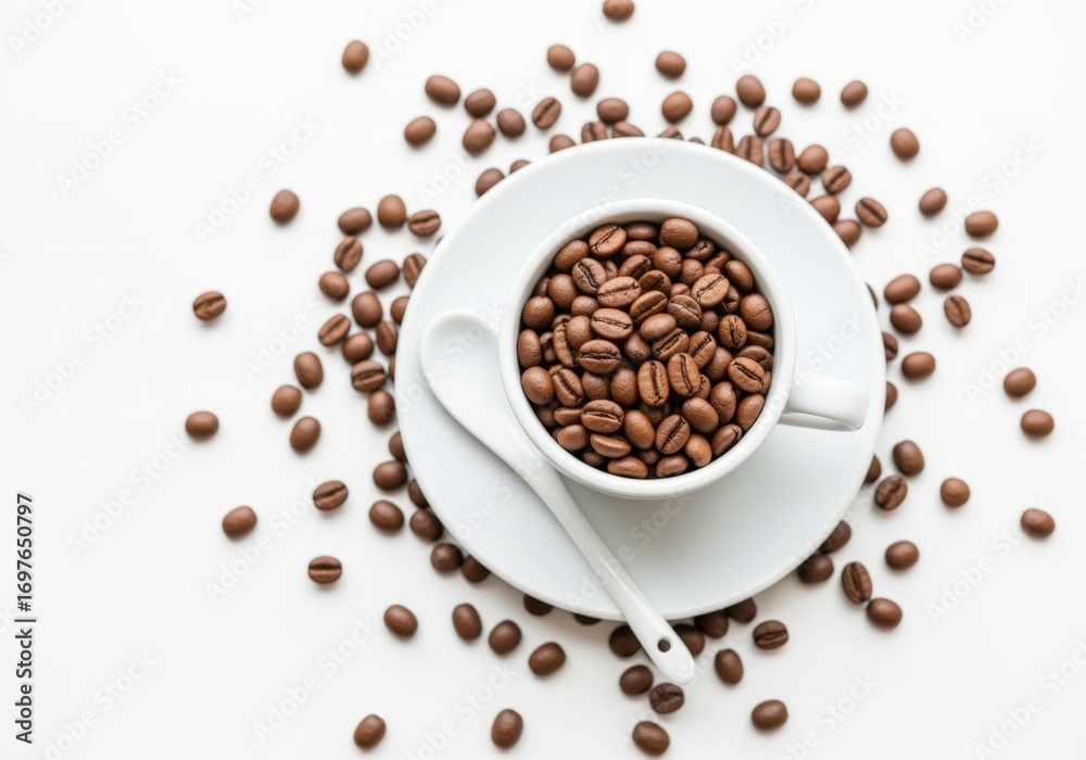 Obraz premium Aromatic Roasted Coffee Beans in White Ceramic Cup