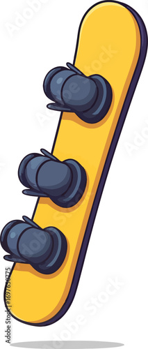 Cartoon-style illustration of a yellow snowboard with three black bindings on a white background.