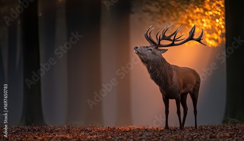 Majestic red deer stag in autumnal forest, bathed in golden light