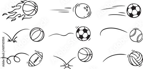Sports Ball Outline Vector – Football, Soccer, Basketball, Hand Drawn Doodle Clipart, Minimal Line Art, Black and White Isolated Sports Icon Illustration