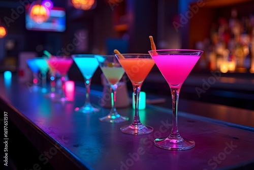 A bar counter covered with glowing cocktail glasses in different neon colors.
