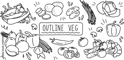 Vegetable Outline Vector – Hand Drawn Food Doodles, Tomato, Carrot, Onion, Pepper, Organic Farming Illustration, Healthy Eating Clipart, Minimal Black and White Design