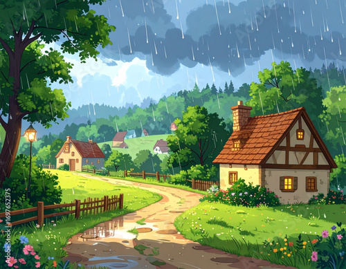 Cozy 2D illustration of a peaceful rural village