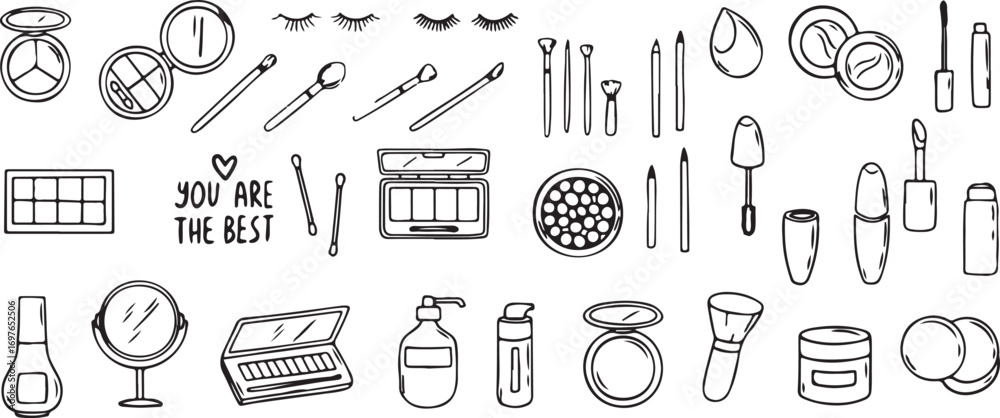 Fototapeta premium Cosmetic Tools, Makeup Brushes, Beauty Icons, Cosmetic Art, Beauty Supplies, Makeup Essentials, Skincare Icons, Beauty Doodles, Artistic Tools, Makeup Patterns, Cosmetic Designs, Beauty Art, Makeup Ic