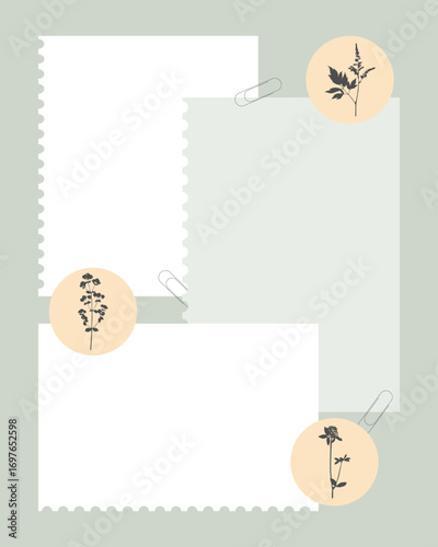 Reminders template, scrapbooking with botanical herbarium beige stickers. Notes, note sheet, to-do list. Vector illustration