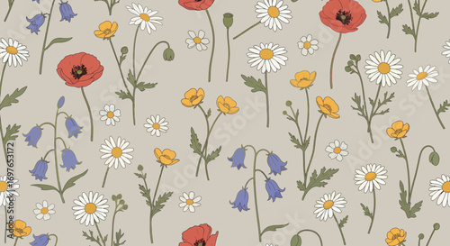 Dainty Floral Meadow Seamless Pattern On Pale Background