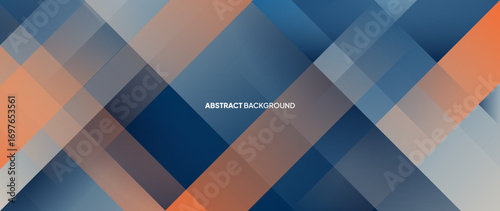 Abstract square shapes in blue and orange against a background of futuristic concepts. Regular sloping lines create a dynamic petern. Color gradient banner template, wallpaper, brochure, web banner.