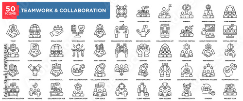 Teamwork & Collaboration icon set with 50 outline vector icons. Includes team meeting, brainstorming, leadership, business partnership, communication, coworking, decision making, teamwork success