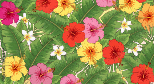 Tropical Floral Pattern With Hibiscus And Frangipani Flowers