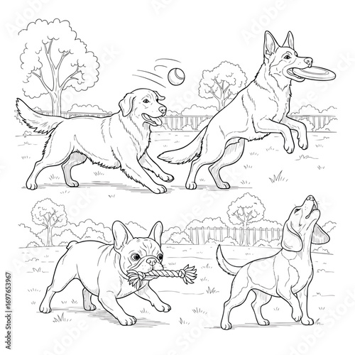 A black and white line art illustration of four different dog breeds happily playing together outdoors.