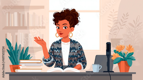 Illustration of a confident African-American woman podcasting at her desk with books, microphone, flowers and laptop in a cozy room