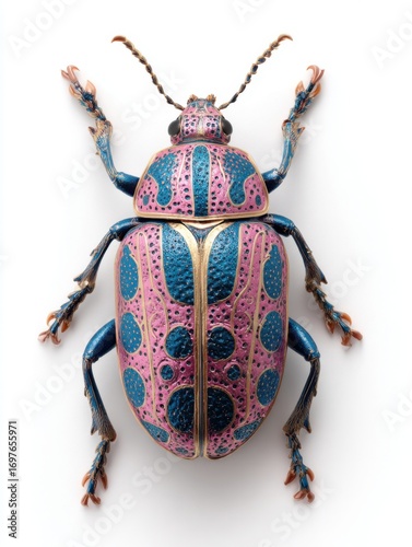 A colorful beetle with pink and blue patterned exoskeleton, detailed textures, and long antennae, set against a white background.