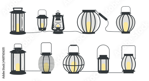 Collection of decorative portable lanterns with inner light sources for outdoor and indoor ambiance and illumination