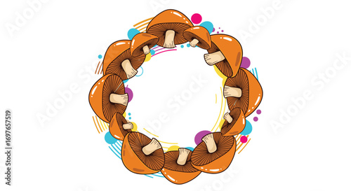 Whimsical circle design featuring autumnal mushroom shapes with colorful abstract background elements