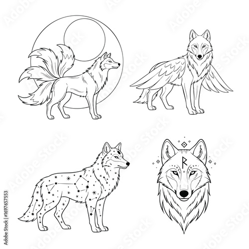 A collection of four mystical wolf and fox line art illustrations with mythological and celestial themes.
