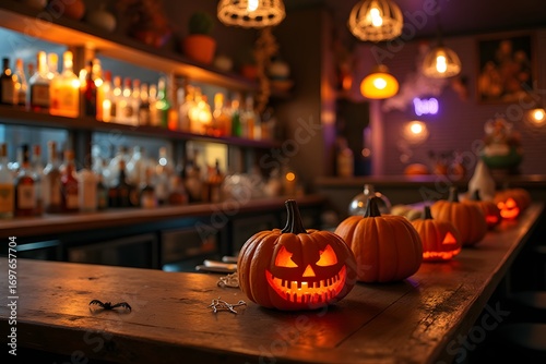 A bar decorated with Halloween pumpkins and cobwebs.
