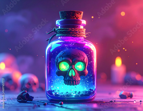 Glowing potion bottle with skull and fiery light inside