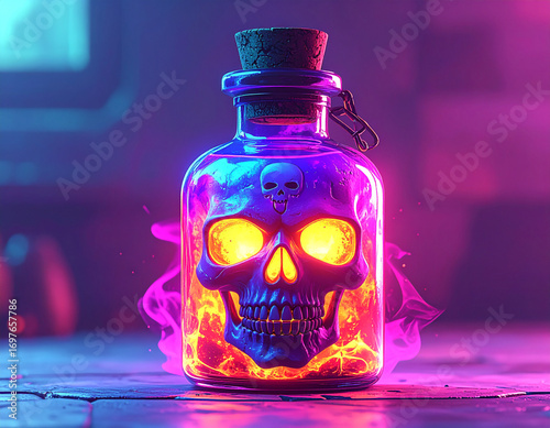 Glowing potion bottle with skull and fiery light inside