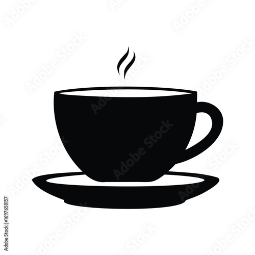 Stylized black and white illustration of a steaming cup of coffee on a saucer, coffee cup with saucer silhouette vector illustration