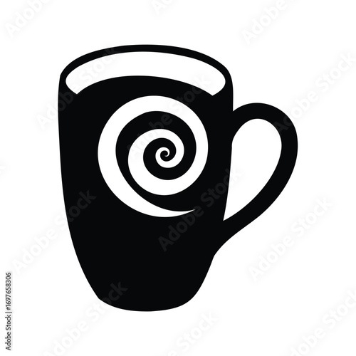 Elegant black and white spiral coffee mug image for beverage enjoyment, coffee mug with swirl silhouette vector illustration