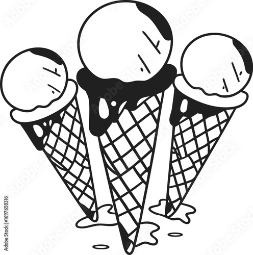 Three delicious ice cream cones melting together style art