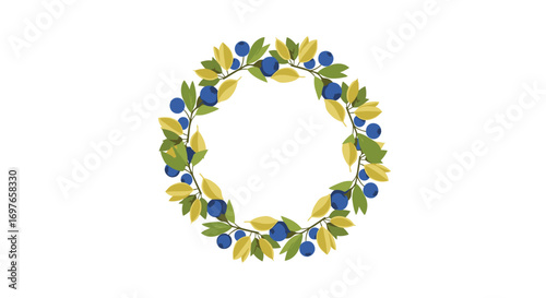 Decorative circular arrangement of blueberries and autumn leaves perfect for seasonal decorations and naturalistic designs