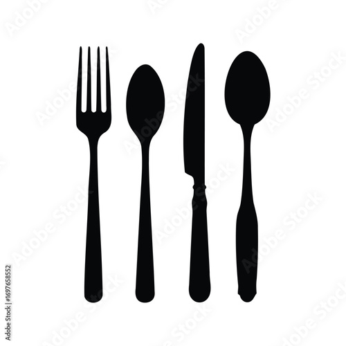 Elegant Black and White Silhouette of Fine Dining Cutlery Utensils Set, cutlery set silhouette vector illustration