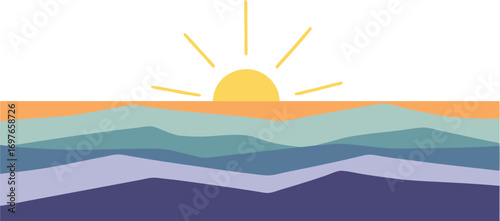 Abstract Sunrise Over Layered Waves with Pastel Colors for Nature, Tranquility, and Modern Beach Design Projects