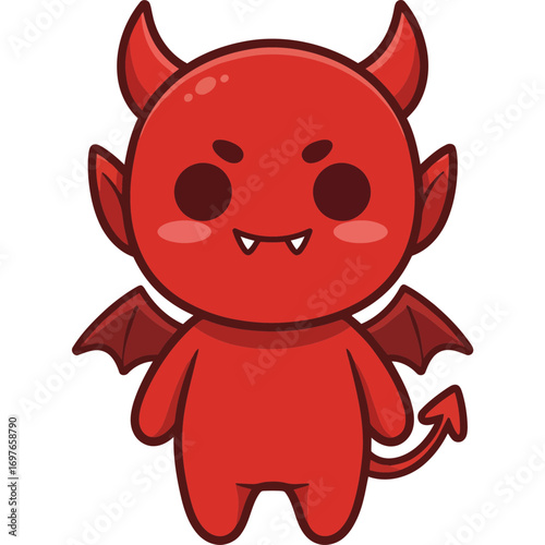 Cute red cartoon devil character with horns, wings, and a pointed tail, smiling with fangs.