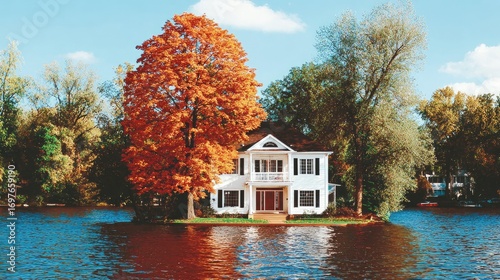 Autumnal lakefront home on an island