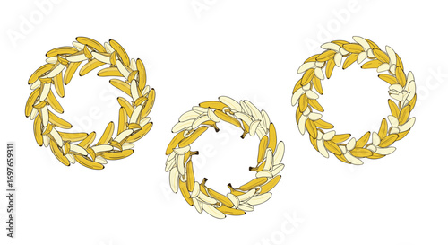 Abstract circular arrangements of penne pasta decorated with black pepper specks
