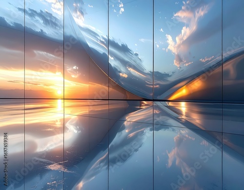 Sunset Reflection in Modern Architectural Space with Glass Panels