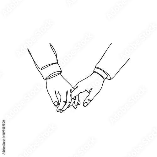 A minimalist continuous one line drawing of two hands holding each other symbolizing love and togetherness.