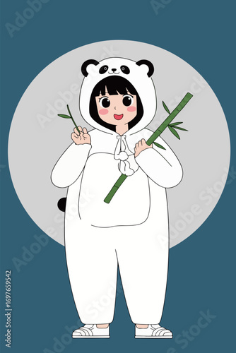 Girl in Panda Costume with Bamboo
