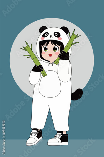 Girl in Panda Costume with Bamboo