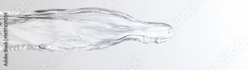 A sleek, transparent stream of water flows gracefully against a light background, highlighting its fluid motion and clarity.