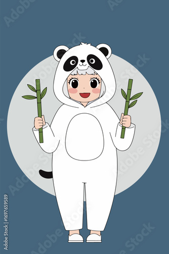 Girl in Panda Costume with Bamboo