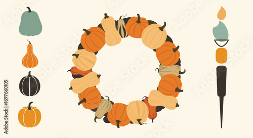 Autumn harvest wreath decoration with assorted gourds and festive autumnal elements for seasonal decor