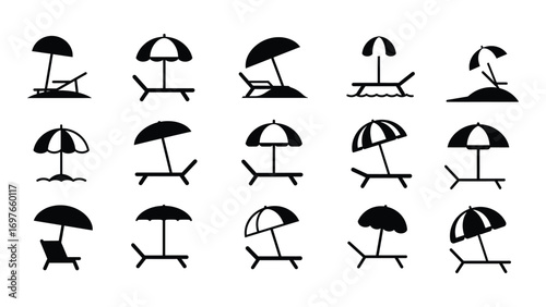 Beach umbrella icon set showing sunbed and parasol