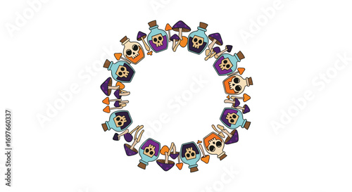 Whimsical halloween circle border design featuring cute spooky creatures and autumnal elements for festive decorations and crafts