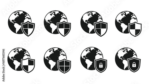 Collection of globe and shield icons for security