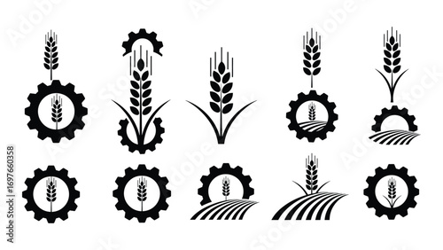 Collection of wheat and gear icons