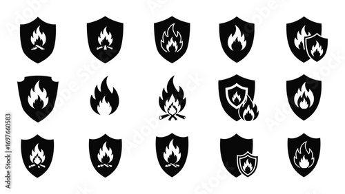 Fire protection icons showing shield with flame