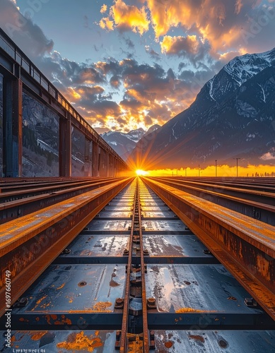 Dramatic Sunset Over Train Tracks Leading to Majestic Mountains