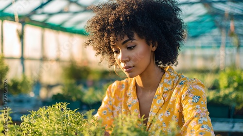 A focused Black woman tends to her plants in a sunlit greenhouse.