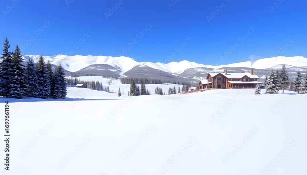 Fototapeta premium 눈이 가득 내린 산 아래 스키장a ski resort under a snowy mountain