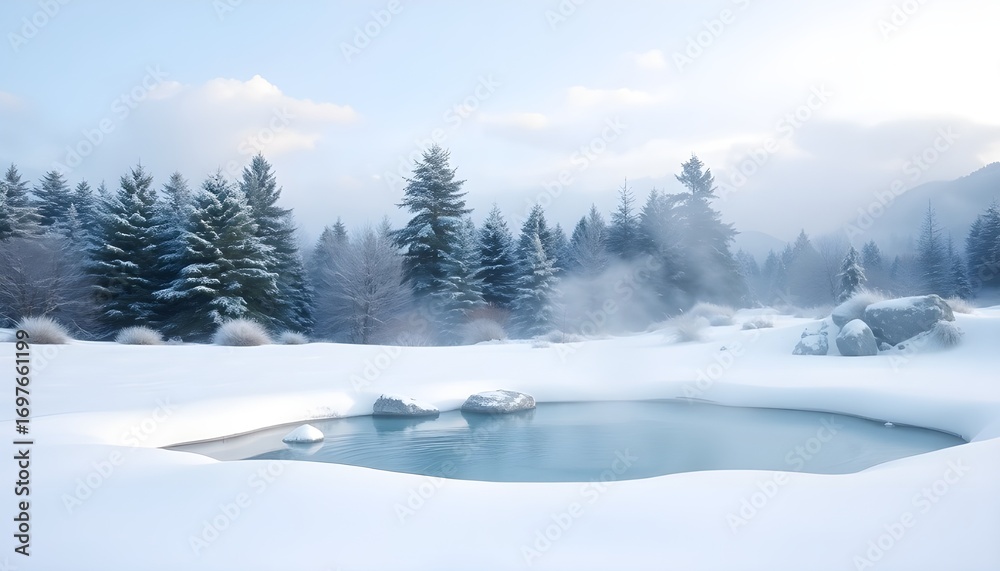 Obraz premium 겨울 눈이 쌓인 나무 사이 따뜻한 온기 수증기가 있는 온천물Hot spring water with warm, warm steam between trees with winter snow