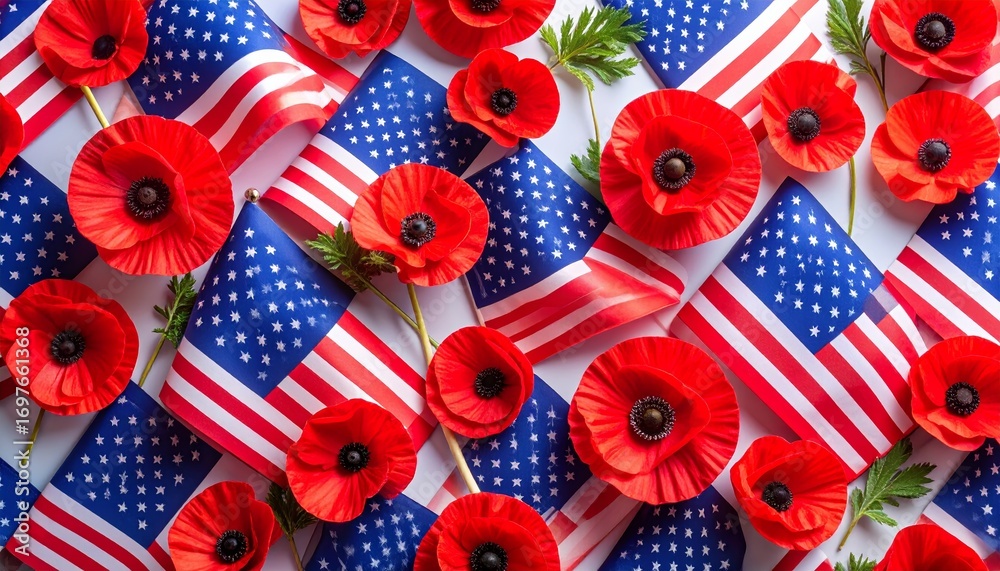 Obraz premium Patriotic seamless pattern with American flags and vibrant red poppies